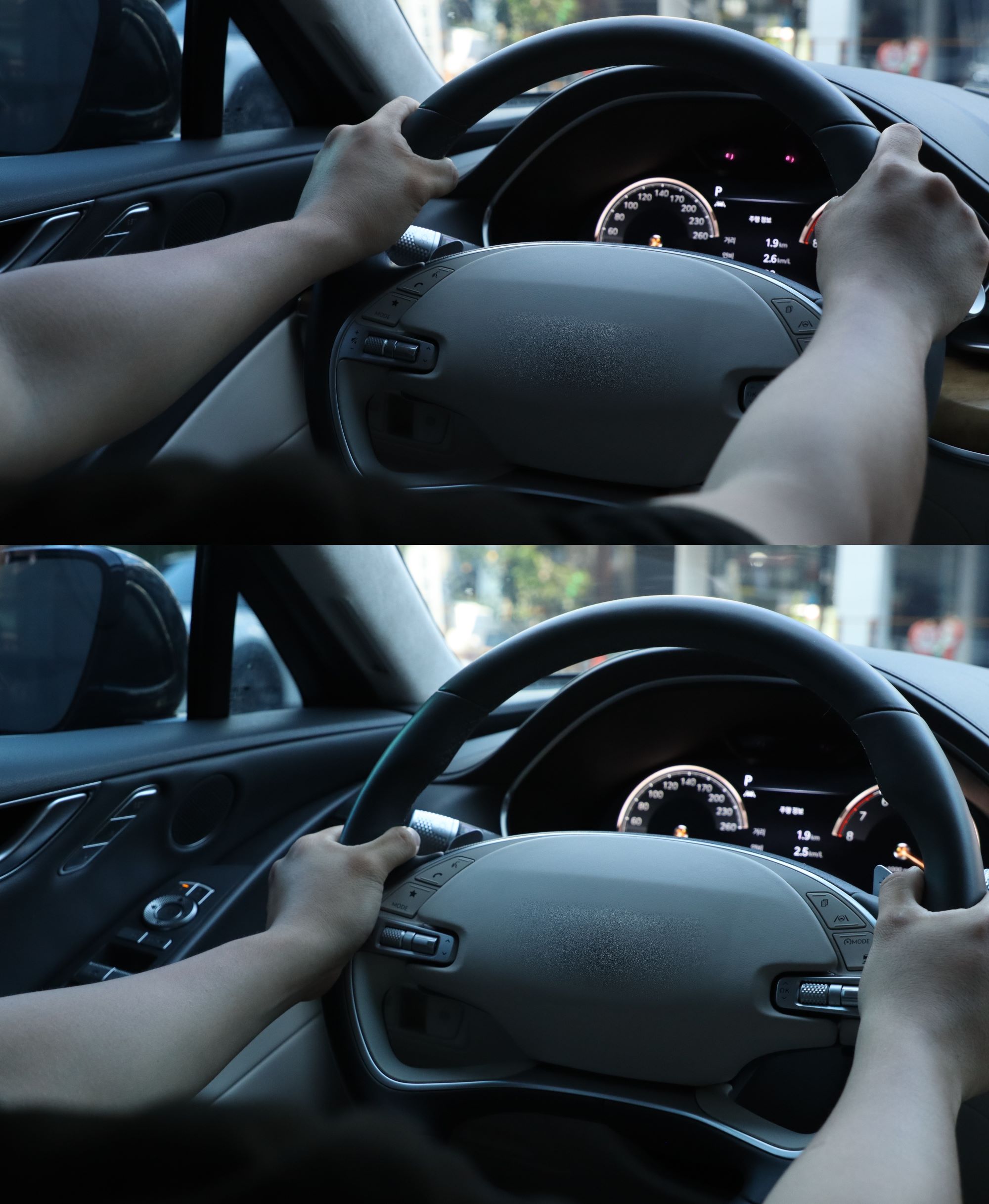 [사진설명] 안전한 운전을 위한 10시 10분 파지법(위)과 9시 15분 파지법(아래).jpg