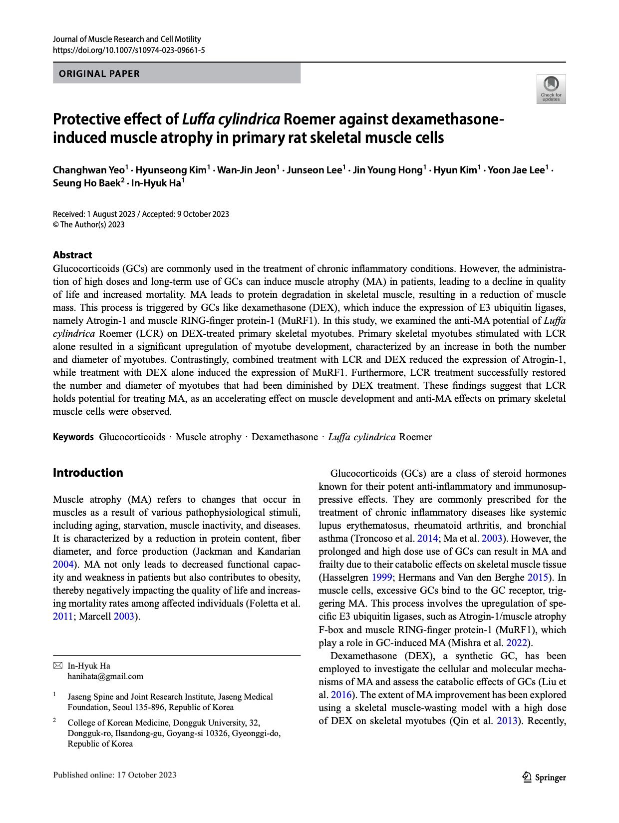 [사진설명] ‘Journal of Muscle Research and Cell Motility (IF=3.352)’에 게재된 해당 논문.jpg